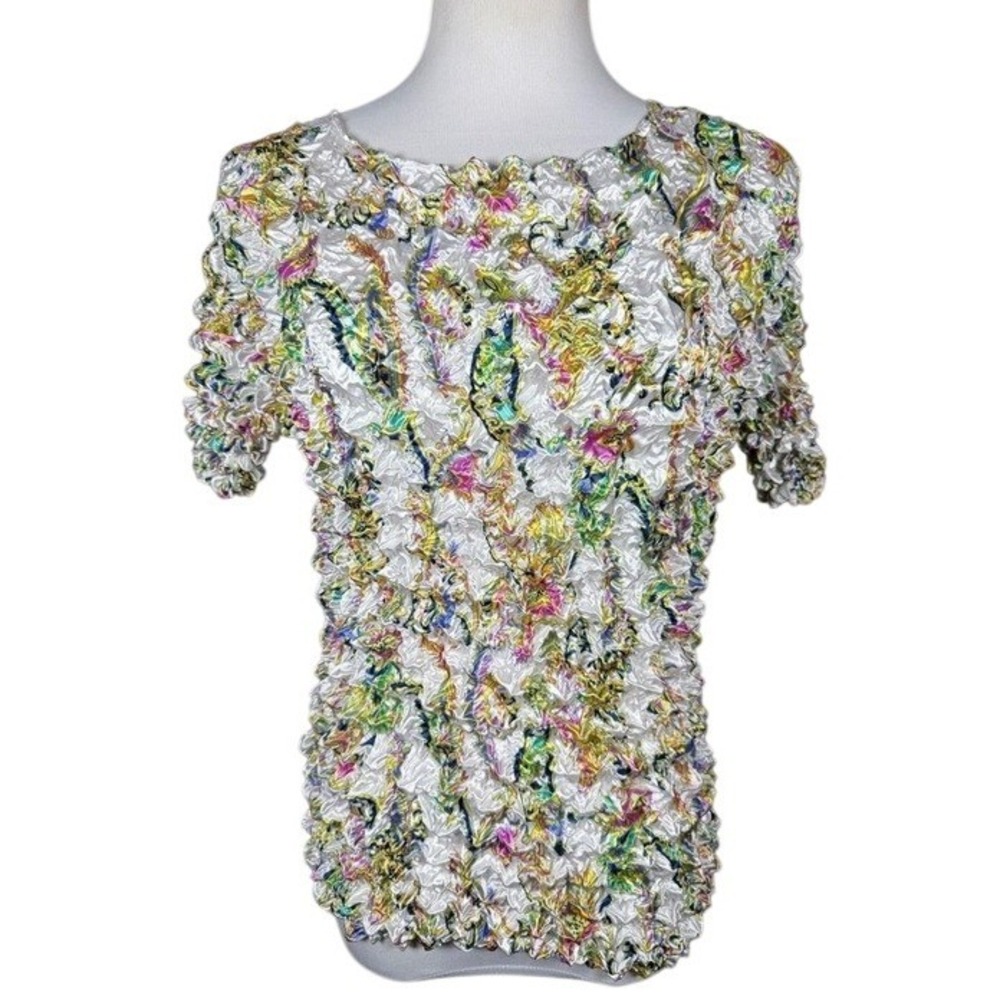 Vintage Style‎ Popcorn Bubble Top Short Sleeve Multicolor Floral Crinkle Shirt